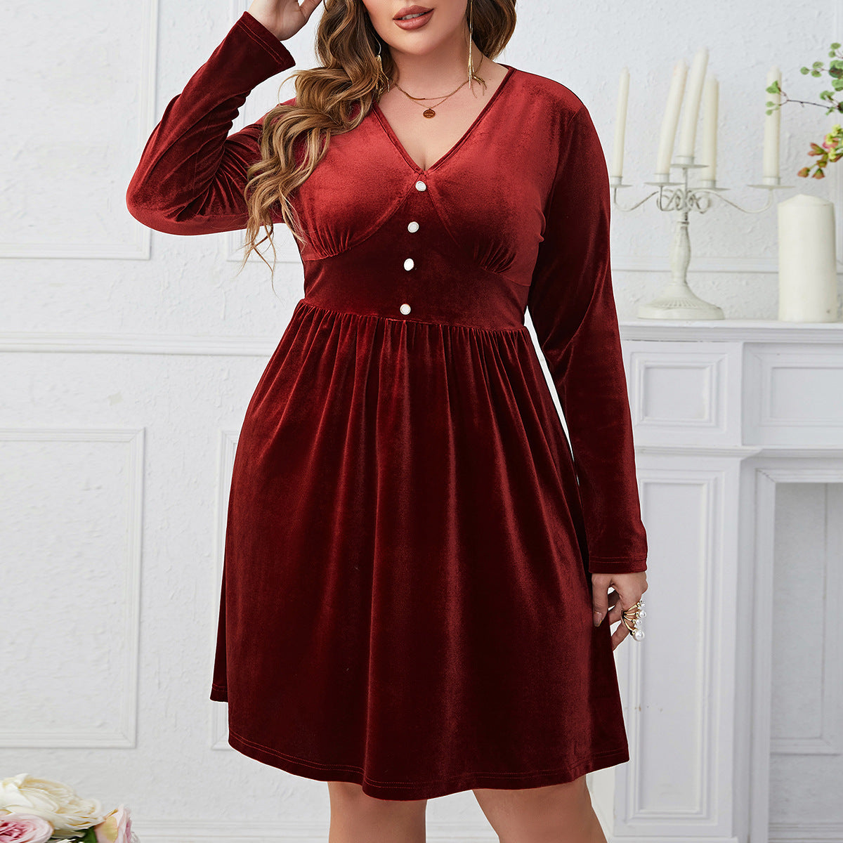 Dark Red V neck High Waist Dress