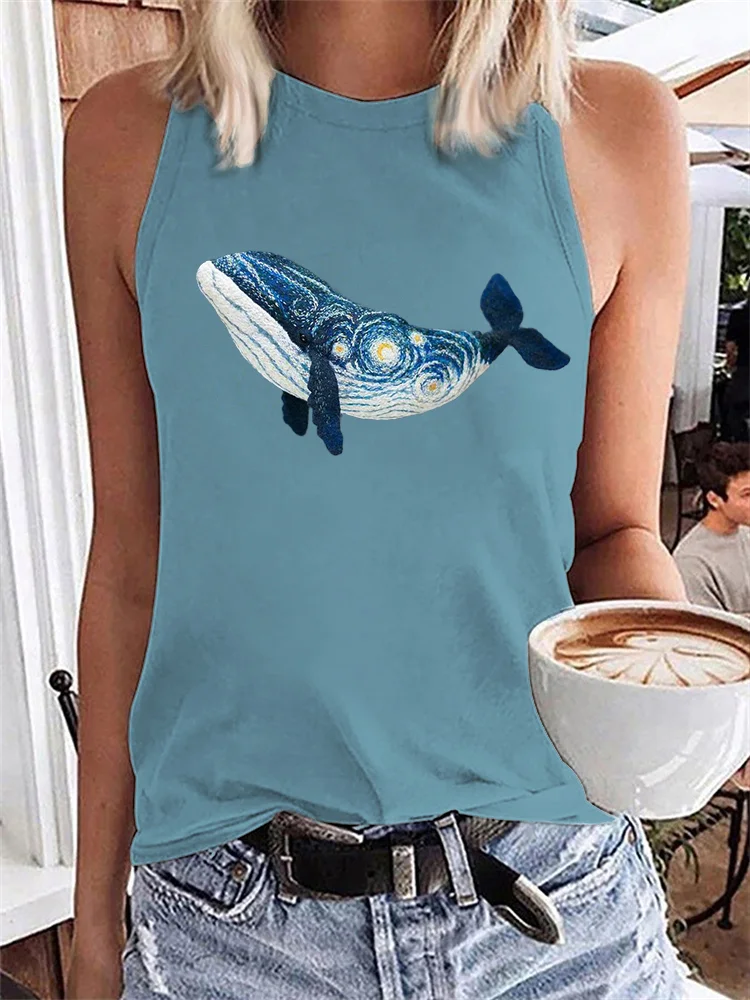 Starry Night Inspired Whale Embroidery Art Tank Top