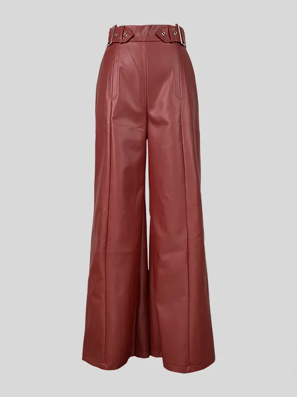 Loose Wide Leg Buttoned No Belt Pleated Pockets Solid Color Split-Joint Pants Trousers