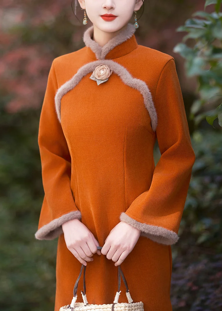 Chinese Style Orange Stand Collar Patchwork Warm Fleece Dresses Long Sleeve