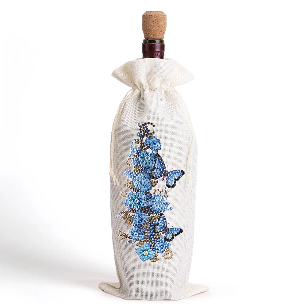 DIY Butterfly Flower Diamond Painting Burlap Wine Bags Label Liquor Bottle Cover