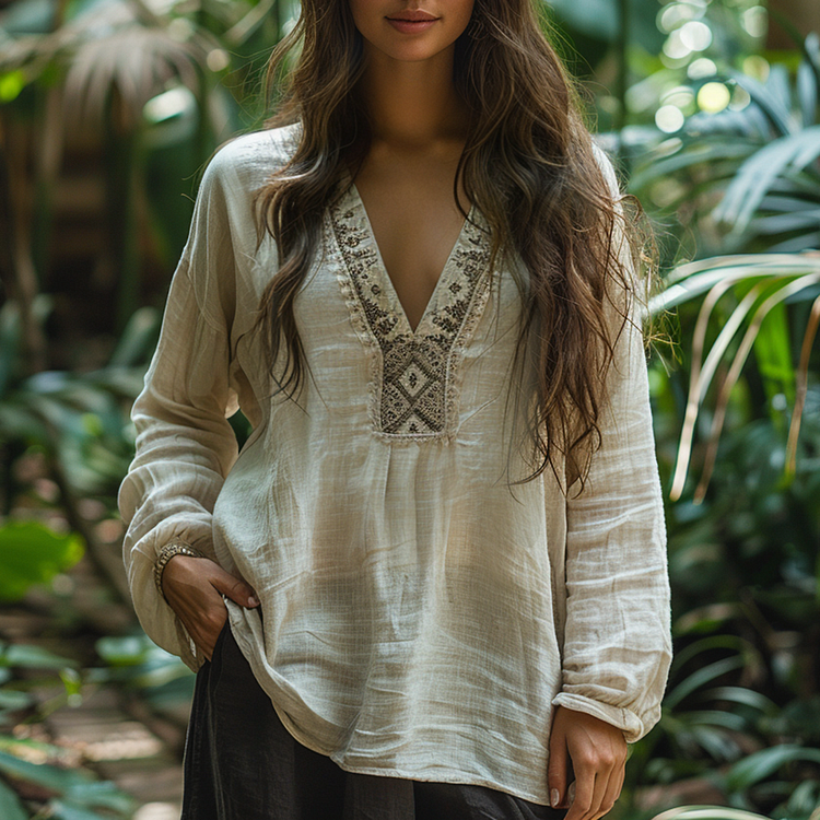 Simple Oversized V-neck Long-sleeved Linen Shirt, Comfortable, Lazy And Breathable Linen Top
