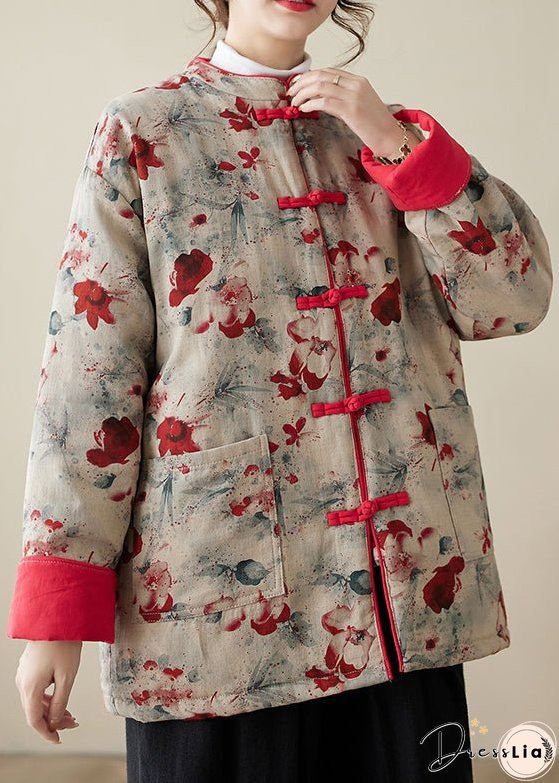 Vintage Print Button Pockets Thick Parka Stand Collar Winter