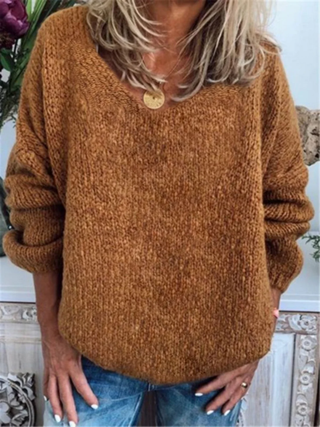Khaki V Neck Long Sleeve Cotton-Blend Outerwear