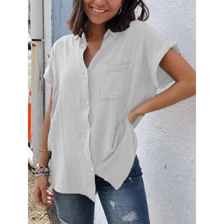 Casual cotton and linen solid color retro short-sleeved shirt socialshop