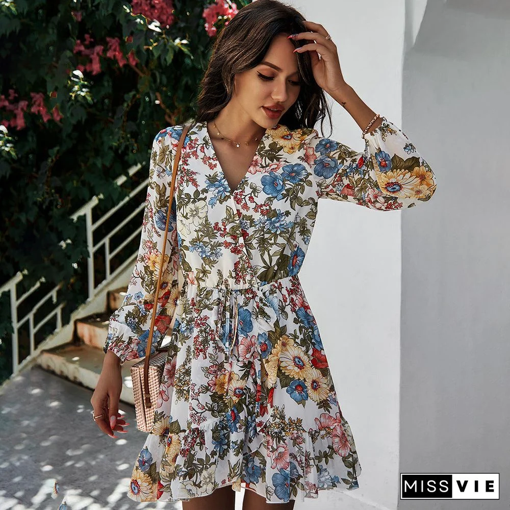 V-neck Long Sleeve Chiffon Printed Dress