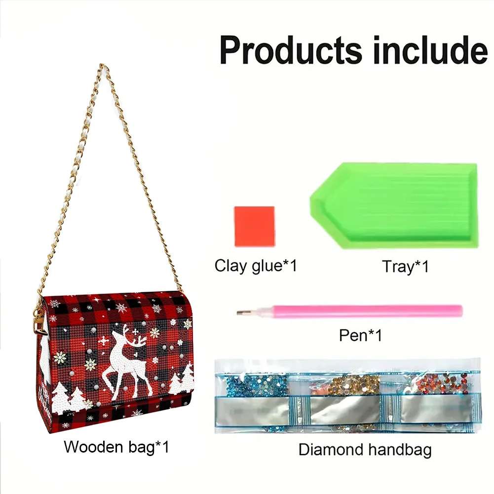 DIY Red Fawn Diamond Art Wooden Coin Pouch with Chain 5D Diamond Painting Purse