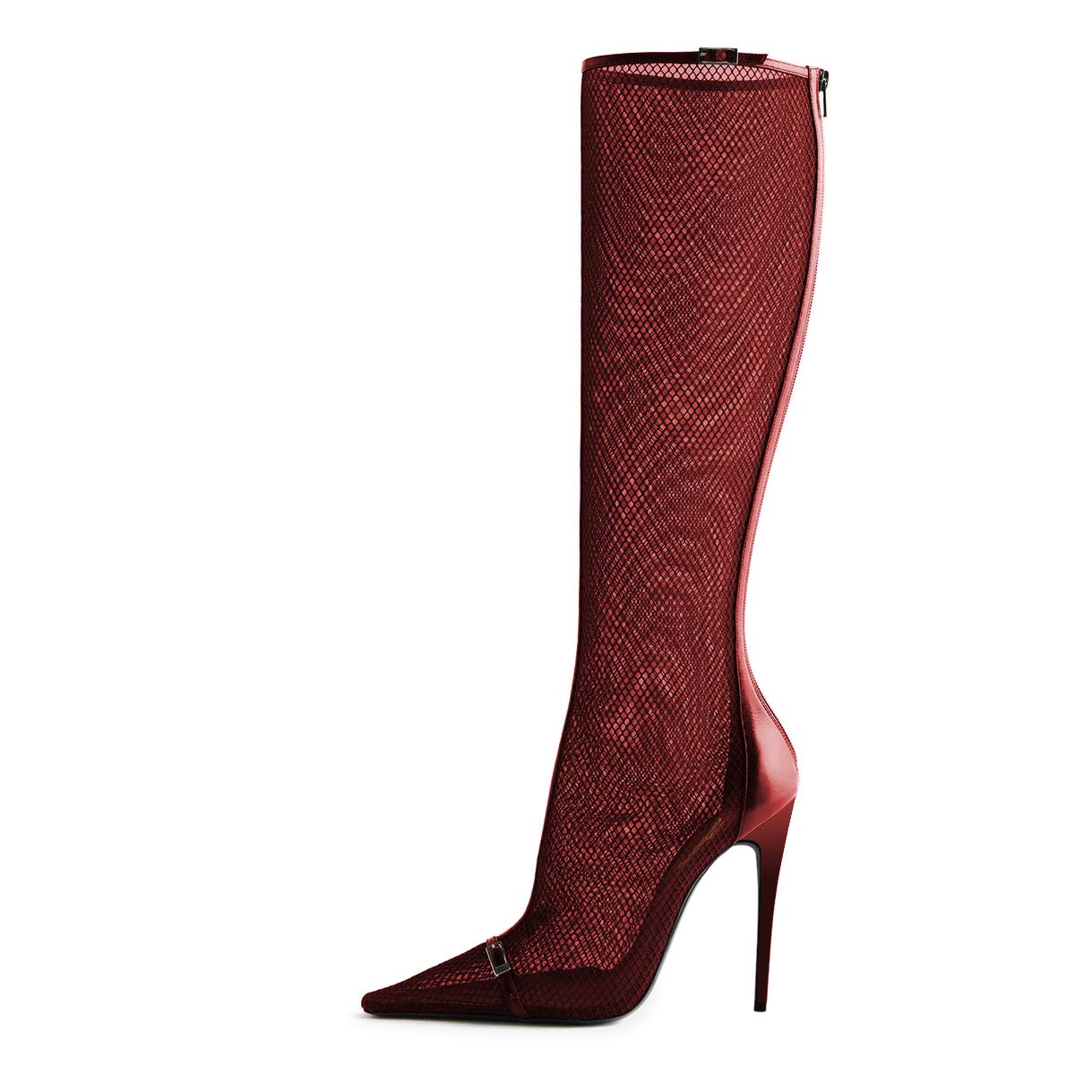 Red Mesh Pointed Toe Stiletto Heel Buckle Strap Zip Knee High Boots Nicepairs