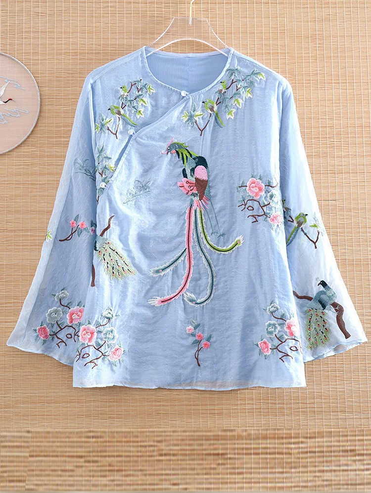 Modest Plain Flower And Bird Embroidery V Neck Fog Button Long Sleeve Loose Shirt