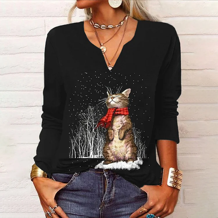 Wearshes Fashion Christmas Cat Print V-Neck T-Shirt
