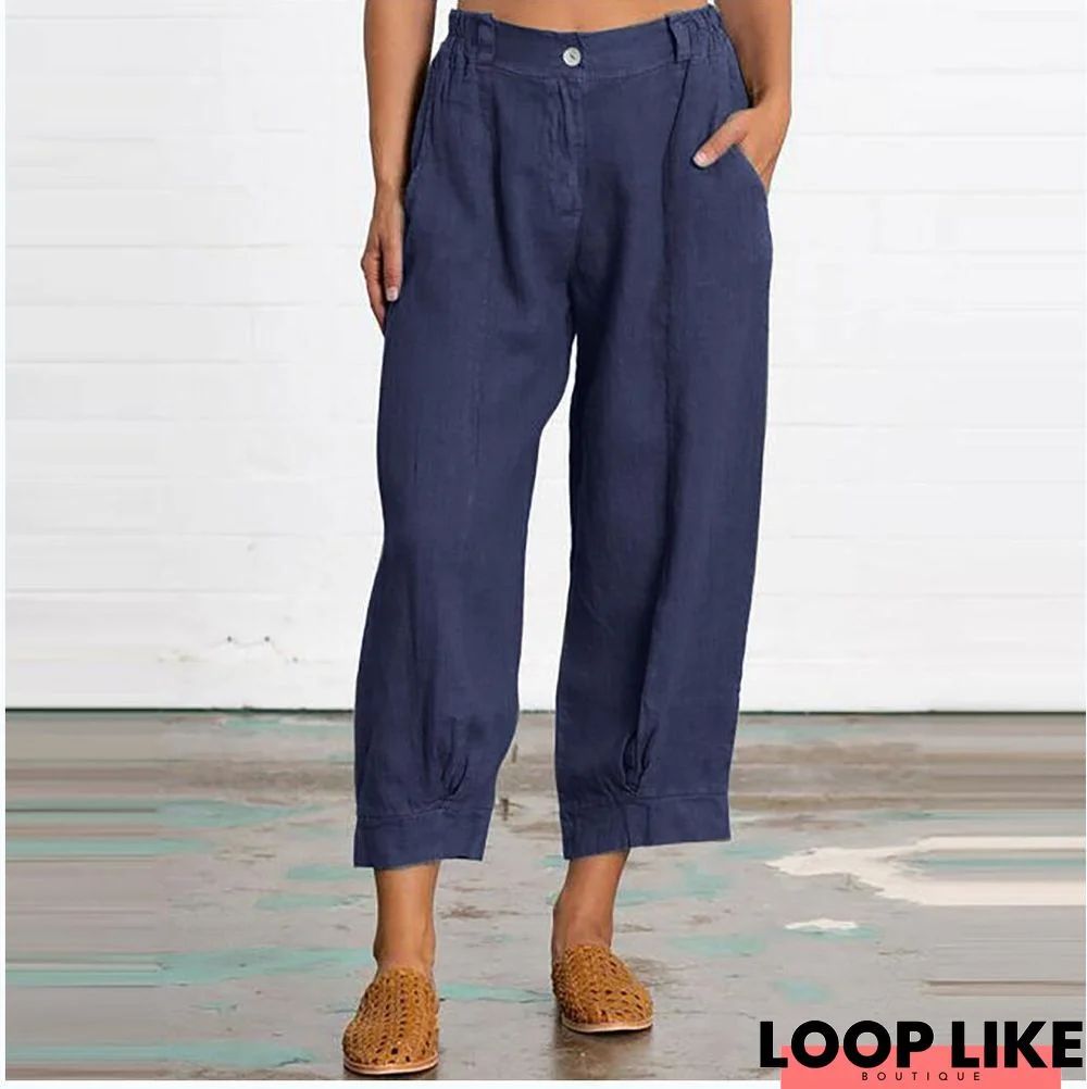 Linen Women Loose Capri Pants With Pockets