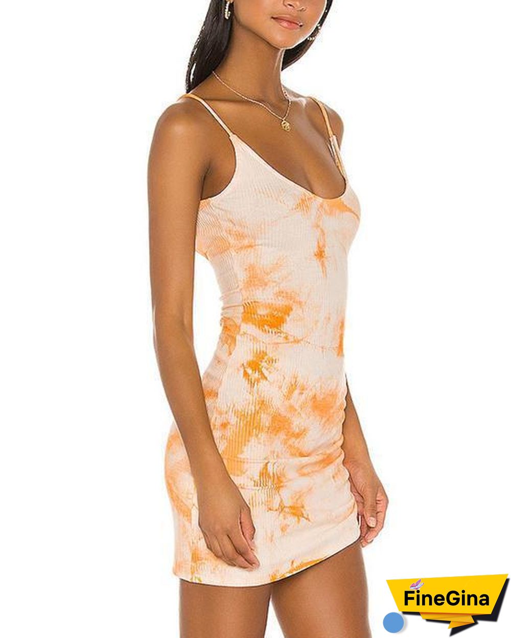 Drawstring Ruched Side Rib-knit Tie Dye Dress