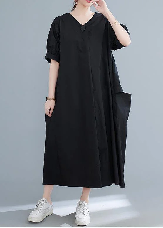 Classy Black V Neck Loose Mid Summer Cotton Dress