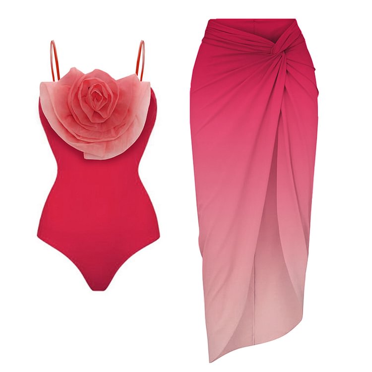 Flaxmaker Rosa Muscosa Gradient One Piece Swimsuit and Skirt