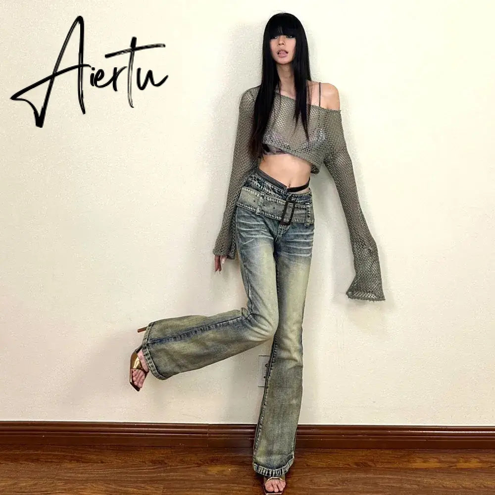 Aiertu Women's Denim Pants Y2k Retro Blue Flare Pants Streetwear High Waist Jeans Vintage Harajuku Denim Wide Leg Pants Fashion Clothes Aiertu