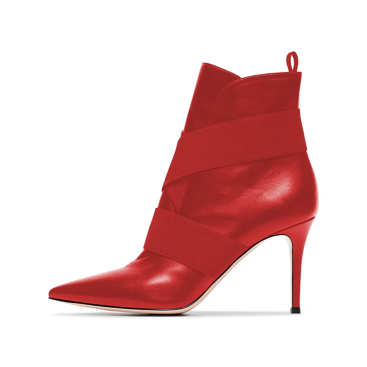 Red Strappy Pointy Toe Stiletto Heel Ankle Booties for Women Vdcoo