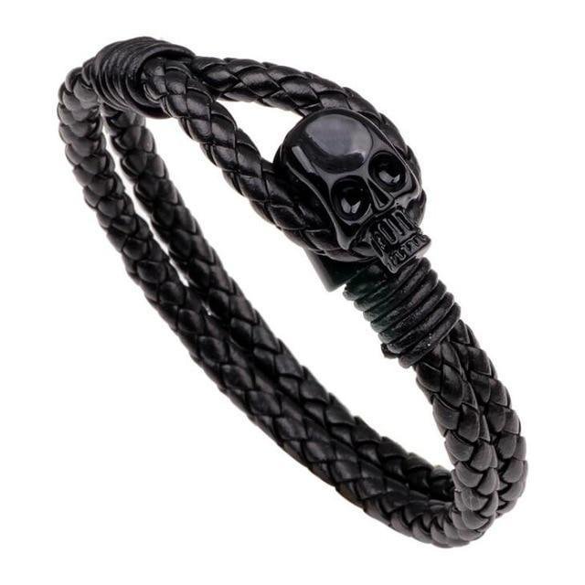 Unisex Leather Weave Skull Bracelet