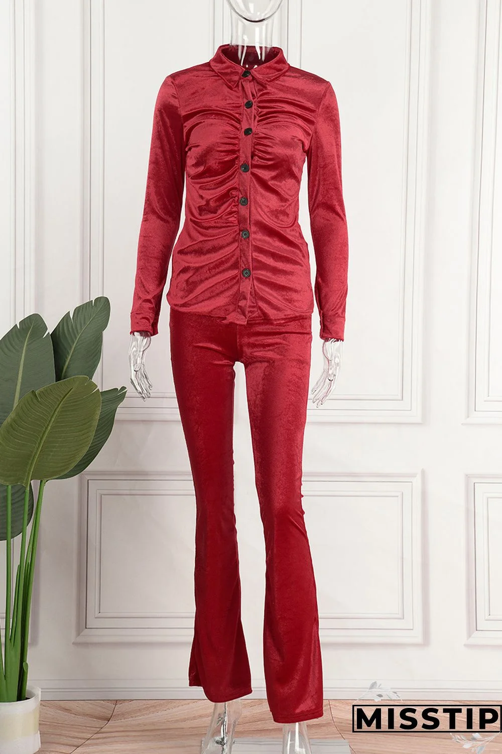 Brown Street Solid Fold Turndown Collar Long Sleeve Two Pieces