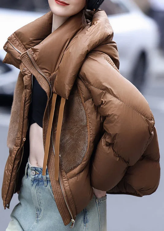 Loose Caramel Hooded Mink Hair Patchwork Duck Down Puffers Jackets Winter