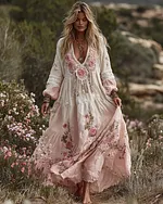 Women's Bohemian Rose Lace Gradient V-neck Maxi Dress