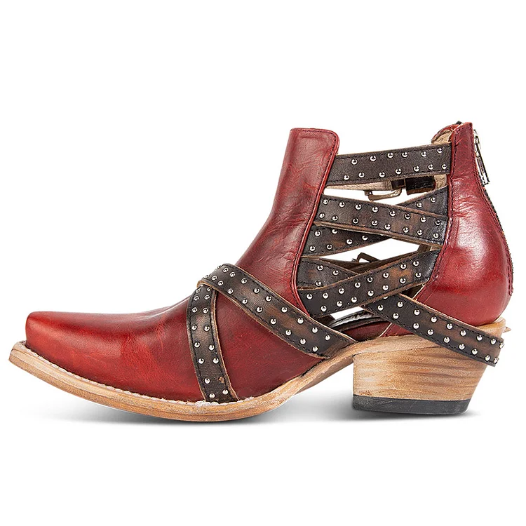 Retro Red Buckle Straps Booties Chunky Heel Western Boots for Women |FSJ Shoes