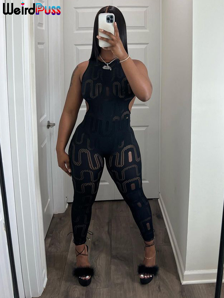 Weird Puss Sexy Fitness Backless Jumpsuit Women  Sleeveless Summer Activity Thin Hollow Overalls Workout Streetwear