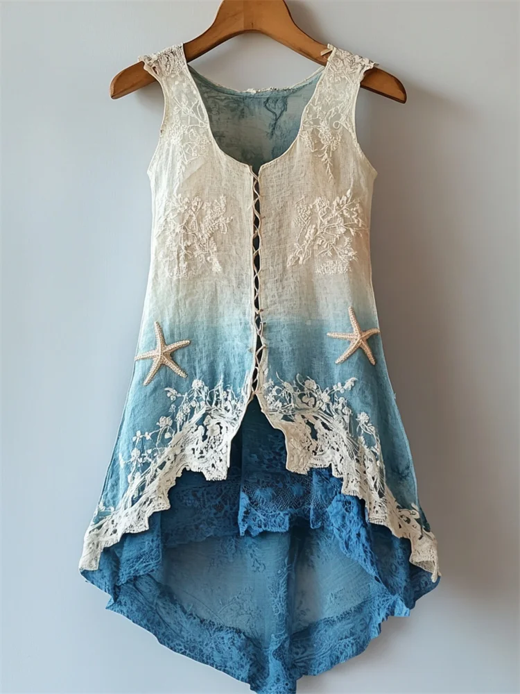 Starfish Embroidered Sea Waves Lace Layered Flowy Linen Tank