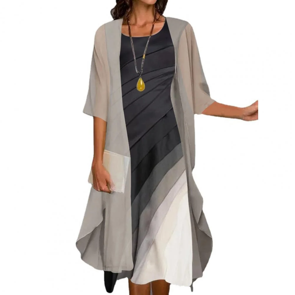 Large Hem Chiffon Women's Dresses Lady Cape Set Elegant 3/4 Sleeve Pleated Gradient Shawl Coat Dress Set платье женское летнее