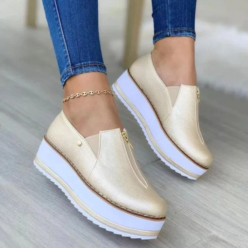 Qengg New Women Casual Shoes Fashion Round Toe Platform Wedge Loafers Slip-On Lightweight Comfortable Vulcanized Shoes Sapatos Casuais
