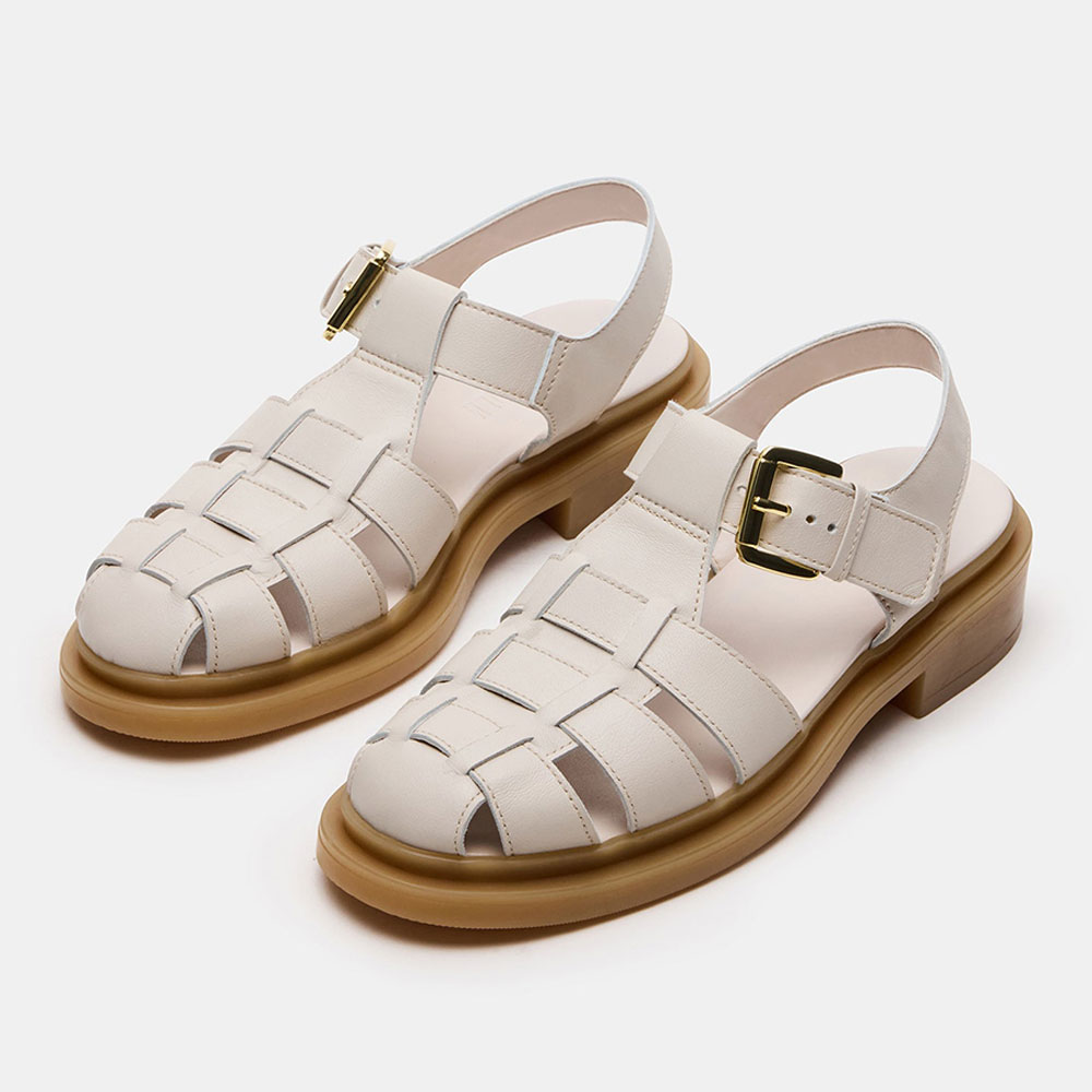 Ivory Closed Toe Hollow-Out Women's Buckle Block Low Heel Sandals Nicepairs