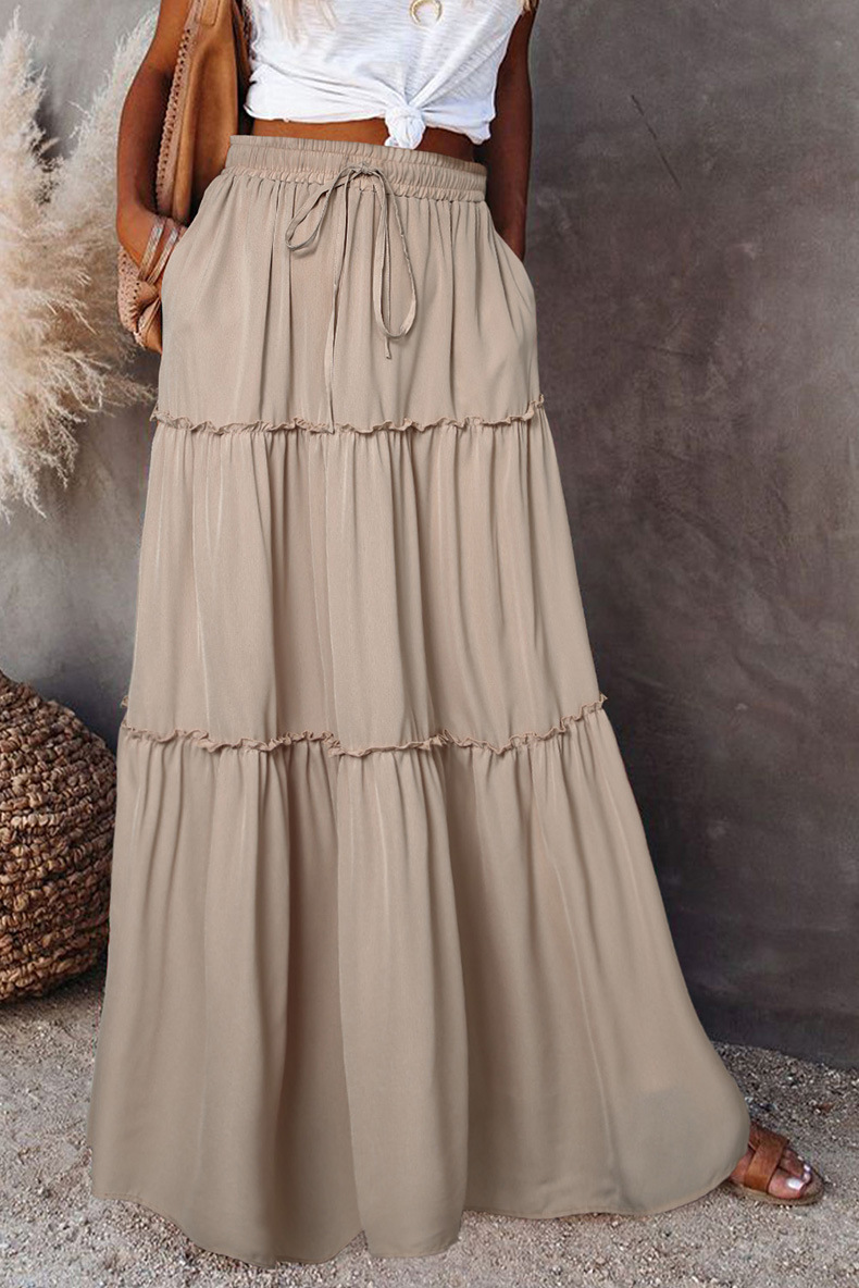 Mature Women Casual Layered High Waist Elastic Lace-up Skirt With Wooden Ears
