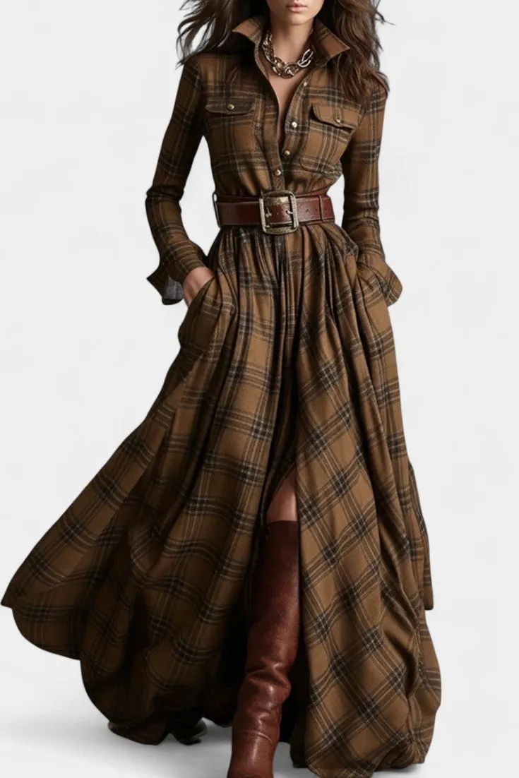 Plaid Shirt Dress with Belted Waist and High Slit