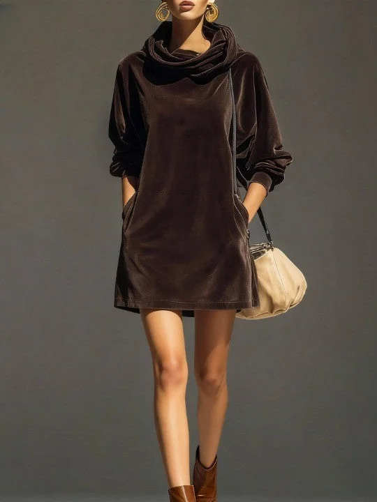Vintage brown velvet hoodie, loose mini dress