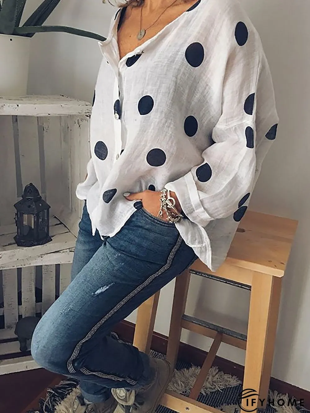 Women Polka Dots Buttoned Long Sleeve Casual Top | IFYHOME