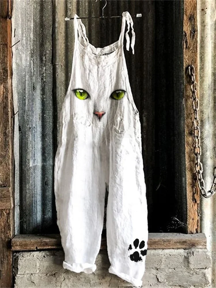 White Cat Face Paw Print Loose Fit Jumpsuit