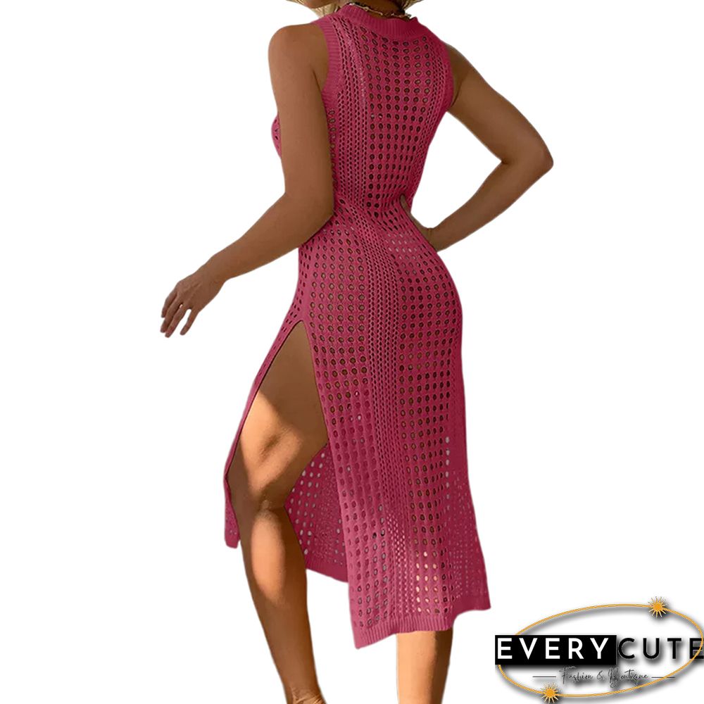 Rosy Hollow-out Crochet Sleeveless High Split Beach Cover