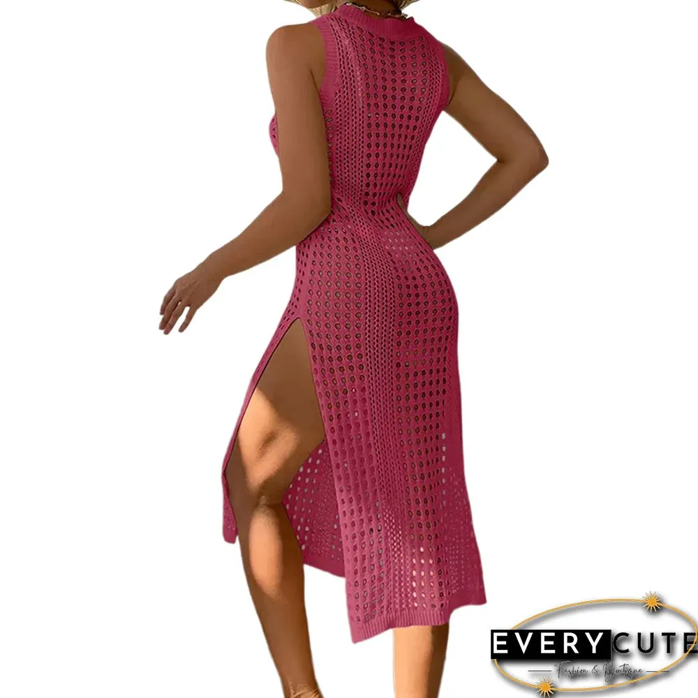 Rosy Hollow-out Crochet Sleeveless High Split Beach Cover