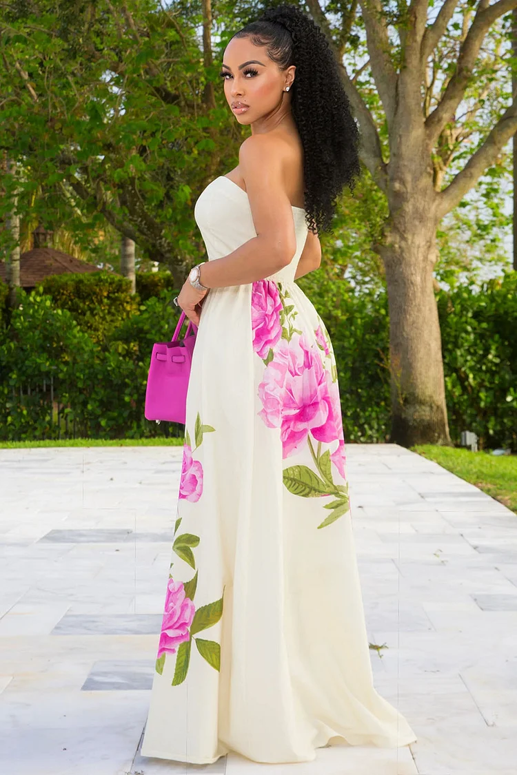 Floral Placement Print Strapless Party Maxi Dresses-Beige [Pre Order]