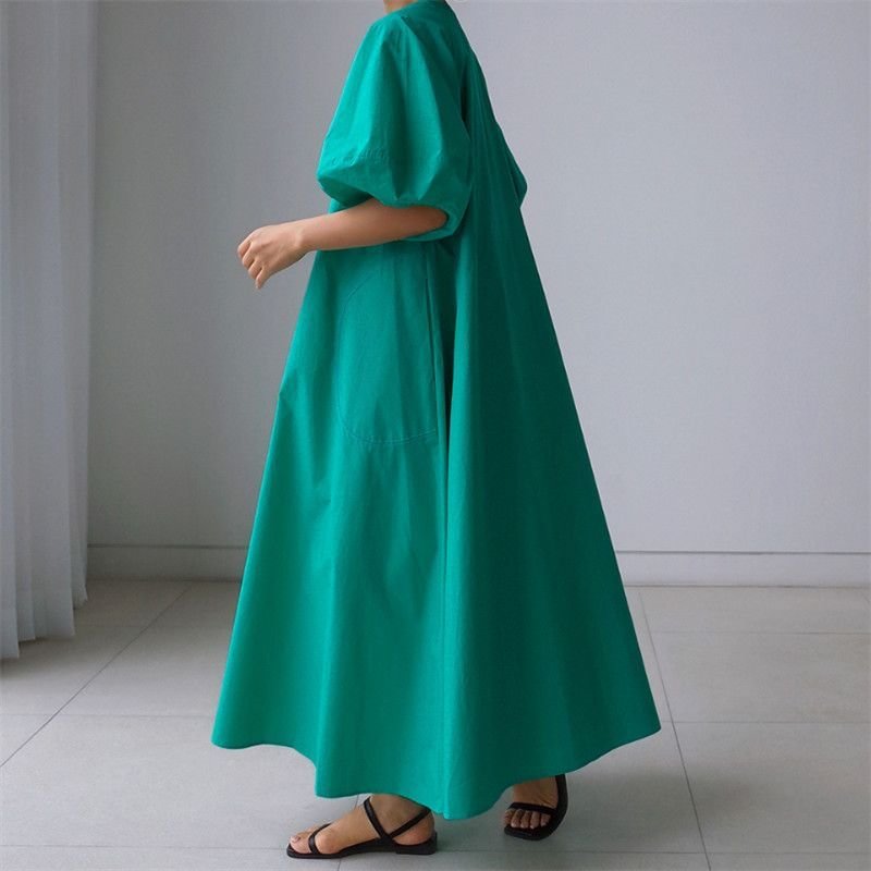 Linen Short-Sleeve Plain Maxi Dress LA4- Fabulory