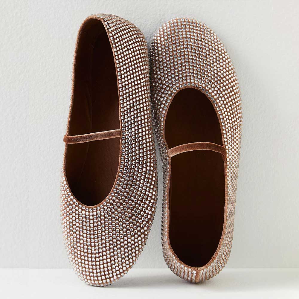 Brown Faux Suede Pointed Toe Flat Rhinestone Ballet Shoes Nicepairs