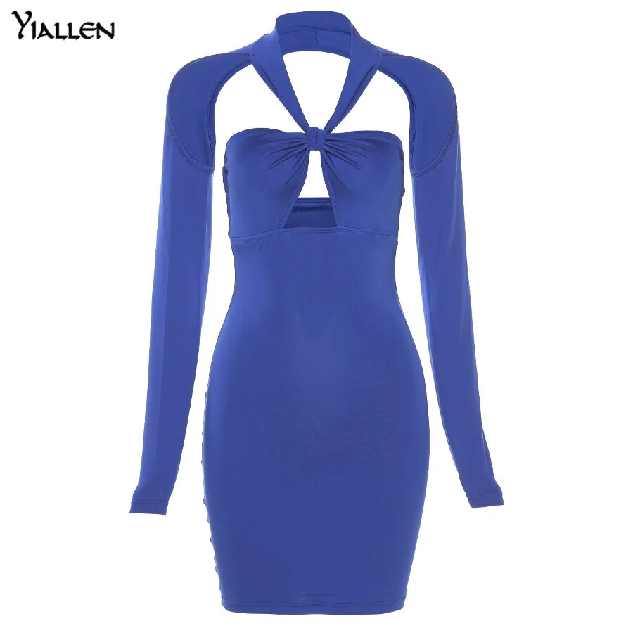 Yiallen Summer Fashion Sexy Hollow Out Long Sleeve Halter Solid Mini Dress New Casual Skinny Stretch Streetwear Women Y2K Dress