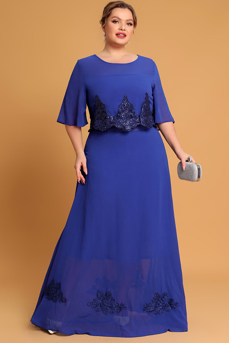 Flycurvy Plus Size Mother Of The Bride Royal Blue Chiffon Half Sleeve Fake Two Pieces Maxi Dresses