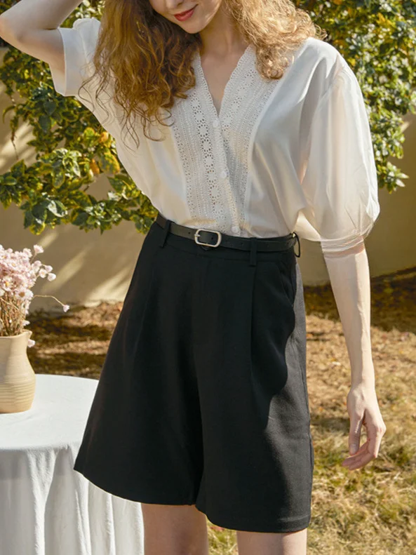 Athvotar Athvotar Retro White Lace Short-Sleeved Shirt Women Casual Niche Lotus Edge V-Neck Bubble Sleeves