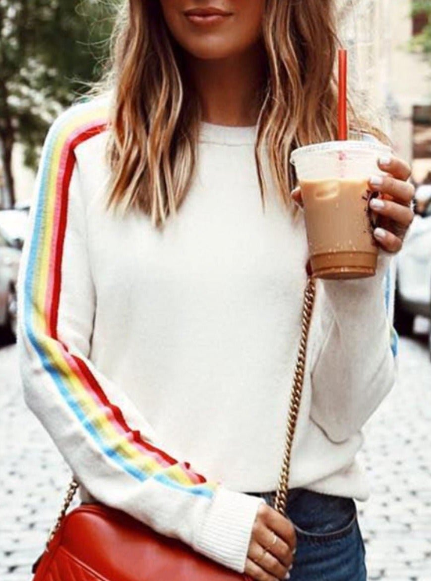 Round Neck Casual Loose Striped Sweater Pullover - VSMEE