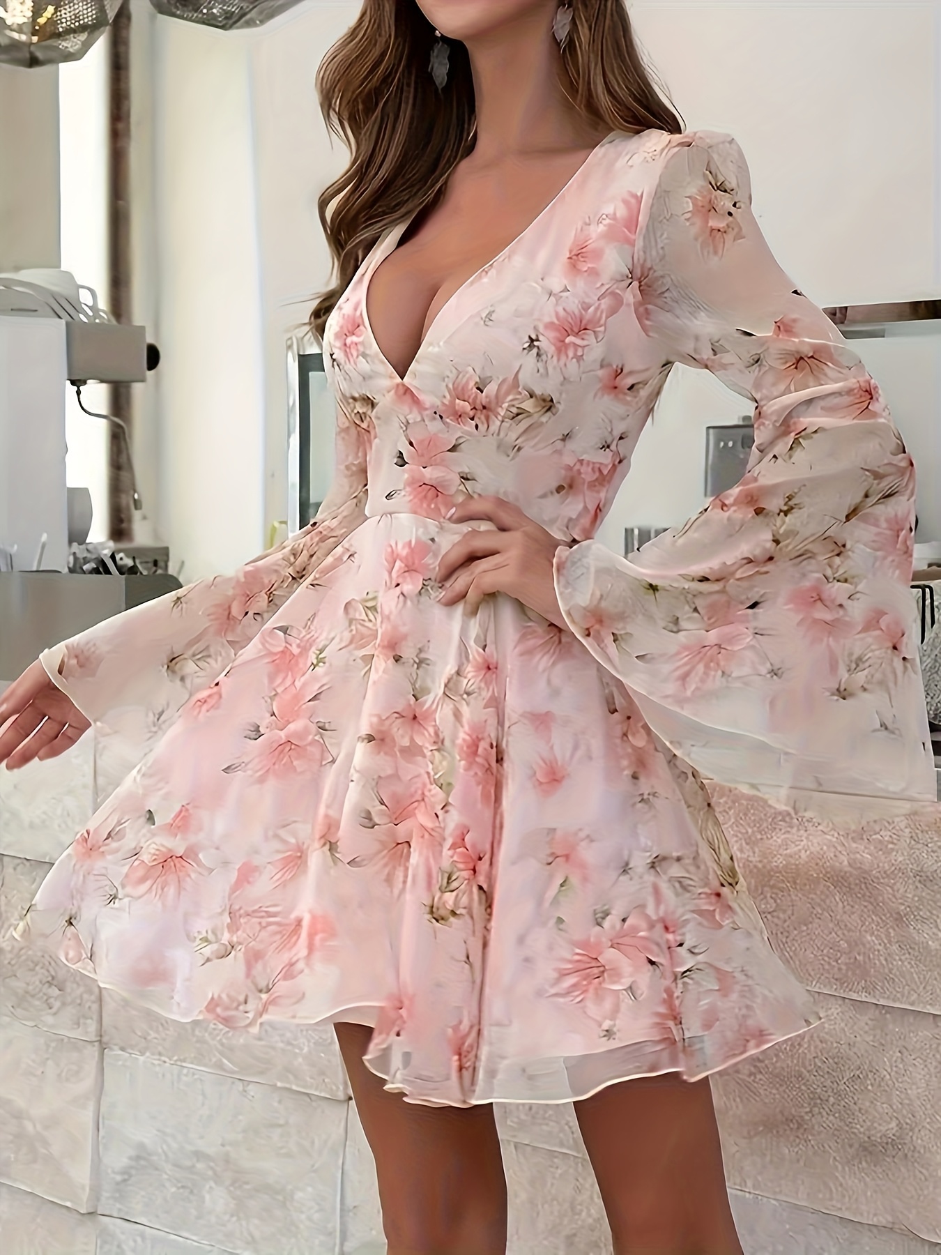 Elegant Floral Print V-Neck Midi Dress With Bell Sleeves And Cinched Waist - Lightweight Summer Dress For Women, Pink Floral Print, Flowy Design, Perfect For Casual Or Summer Outings, Cute Summer Dresse | IFYHOME