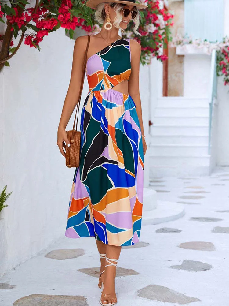 Boho One Shoulder Floral Print Party Dress