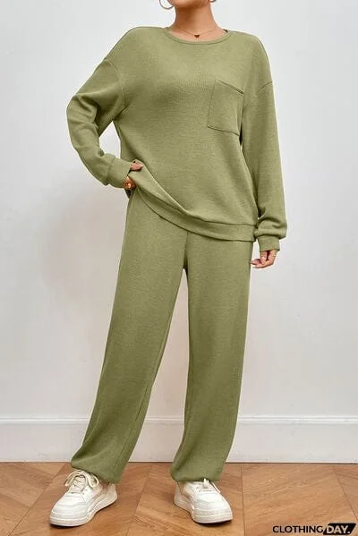 Pocketed Round Neck Top and Pants Lounge Set