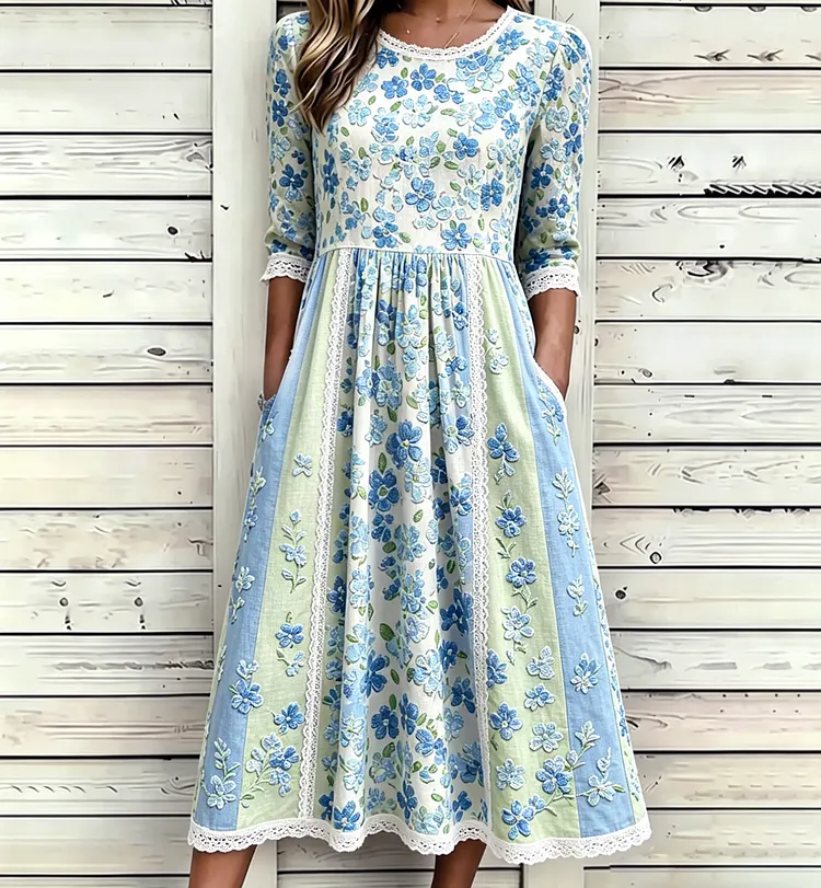 Women's Retro Floral Print Color Block Cotton Linen Comfortable Round Neck Dress