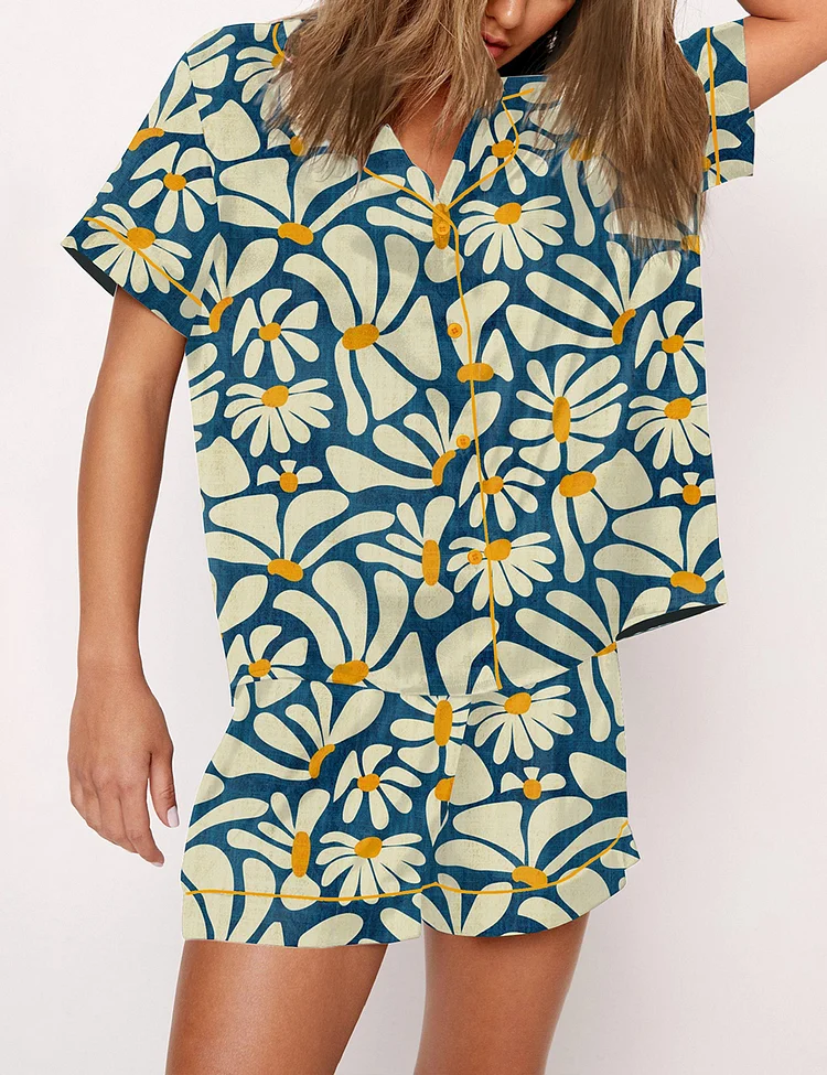 Women’s Retro Daisy Flower Power Blue Floral Vintage Groovy Print Short Sleeve Satin Pajama Set