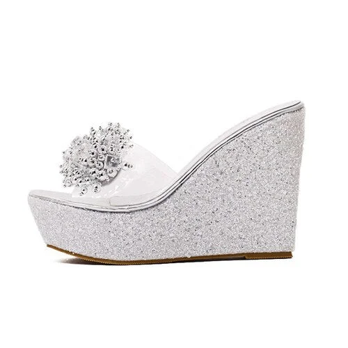 Gdgydh Rhinestone Wedges Sandals Women 2021 New Summer Sexy Trifle Slides Casual Beading Open Toe Female Sandals Platform Shoes